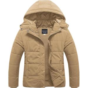 imageCREATMO US Womens Plus Size Warm Puffer Jacket Waterproof Fleece Lined Winter Coat with Removable HoodKhaki