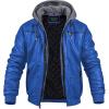 imageCREATMO US Mens Faux Leather Jacket Motorcycle Jacket Waterproof Windproof PU Moto Vintage Bomber Hoodie with Removable HoodBlue