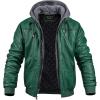imageCREATMO US Mens Faux Leather Jacket Motorcycle Jacket Waterproof Windproof PU Moto Vintage Bomber Hoodie with Removable HoodDark Green