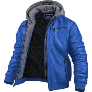imageCREATMO US Mens Faux Leather Jacket Motorcycle Jacket Waterproof Windproof PU Moto Vintage Bomber Hoodie with Removable HoodBlue