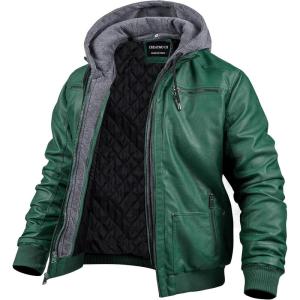 imageCREATMO US Mens Faux Leather Jacket Motorcycle Jacket Waterproof Windproof PU Moto Vintage Bomber Hoodie with Removable HoodDark Green
