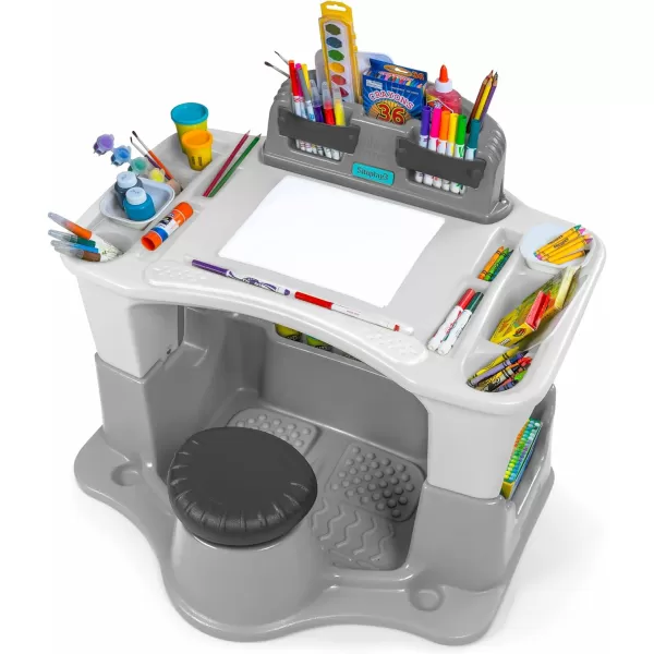 Simplay3 Creative Kids Art Desk Table and Chair Set with Attached Desk Chair Full Floor and Art StorageGrey