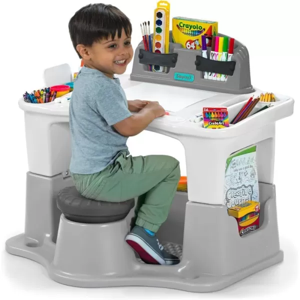 Simplay3 Creative Kids Art Desk Table and Chair Set with Attached Desk Chair Full Floor and Art StorageGrey