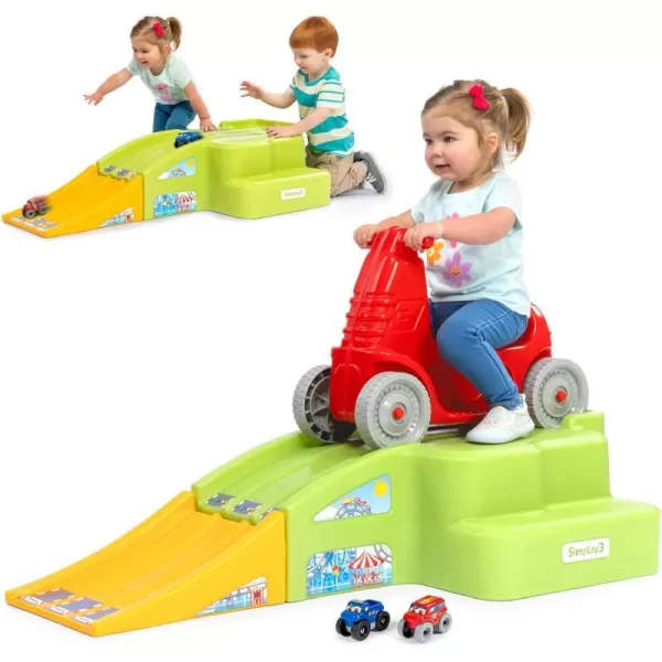 Simplay3 Deluxe Race and Ride Kids Downhill Roller Coaster and Racetrack with Cars IndoorOutdoor Rideon Toy Includes Two Toy Race Cars and Amusement Park Decals Ages 25 Years Made in The USAMulticolor Large