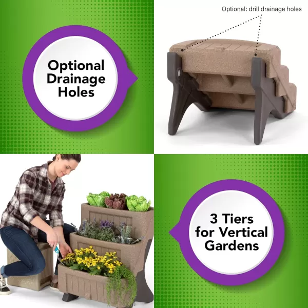 Simplay3 American Home 3Level Multi Tiered Planter  Larger Planter Boxes for Indoor and Outdoor Garden Beds Natural Stone Color Made in USANatural Stone