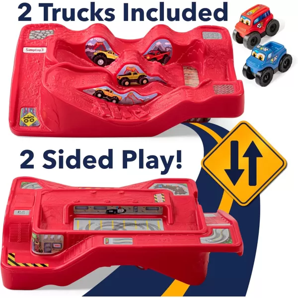 Simplay3 Monster City Extreme Wheels Monster Truck and Car Race Track Table  Red or Green Portable 2 Sided Kids Play Table with 2 Monster Race Trucks  Made in USARed