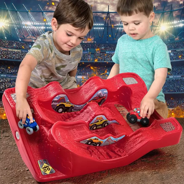 Simplay3 Monster City Extreme Wheels Monster Truck and Car Race Track Table  Red or Green Portable 2 Sided Kids Play Table with 2 Monster Race Trucks  Made in USARed