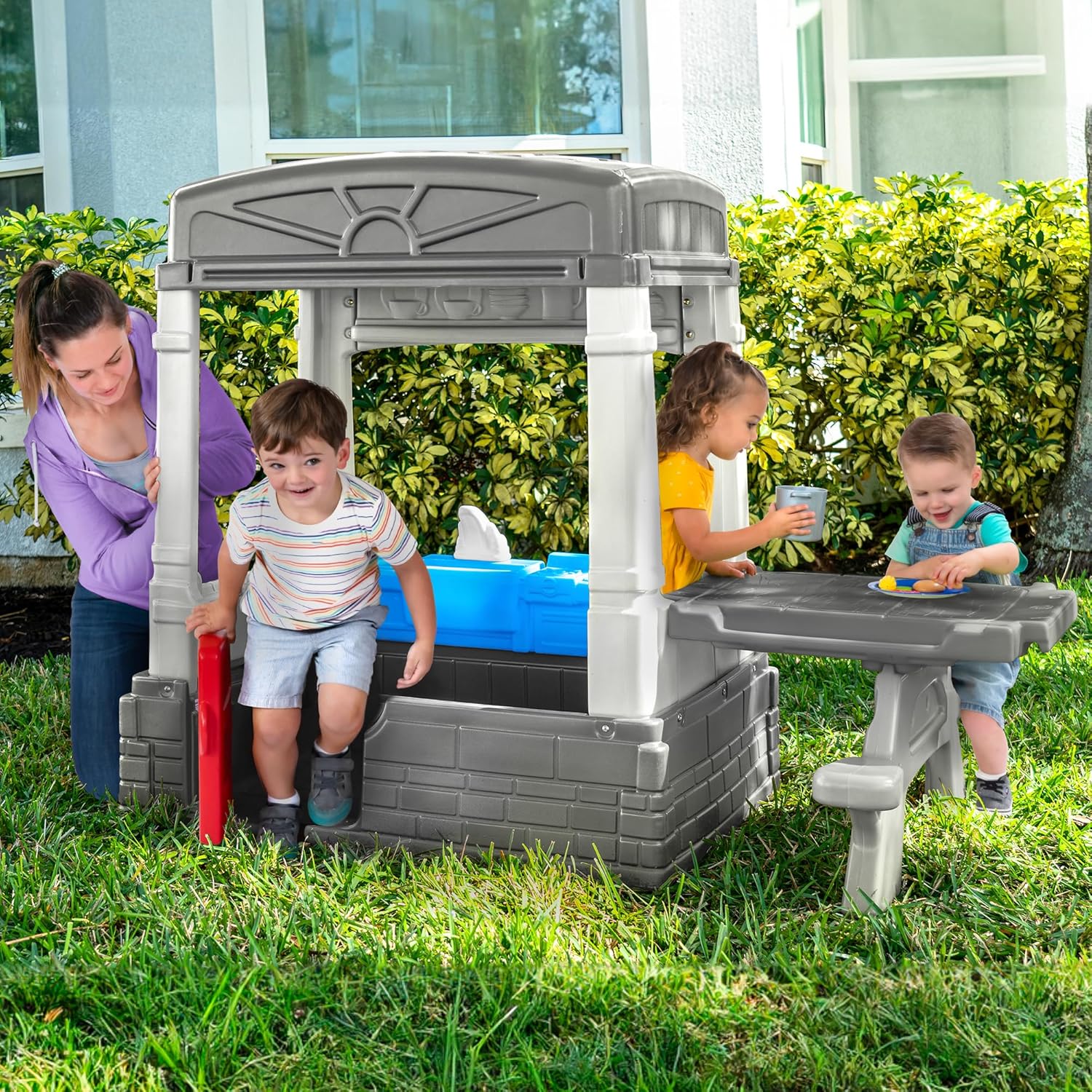 Simplay3 Sunny Day Indoor or Outdoor Cottage Picnic Playhouse for Toddlers and Young Children with Kitchenette and Picnic TableGray