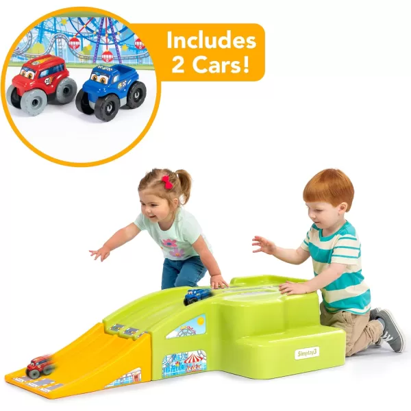 Simplay3 Deluxe Race and Ride Kids Downhill Roller Coaster and Racetrack with Cars IndoorOutdoor Rideon Toy includes Two Toy Race Cars and Amusement Park Decals Ages 25 Years Made in The USAMulticolor