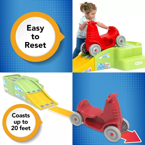 Simplay3 Deluxe Race and Ride Kids Downhill Roller Coaster and Racetrack with Cars IndoorOutdoor Rideon Toy includes Two Toy Race Cars and Amusement Park Decals Ages 25 Years Made in The USAMulticolor