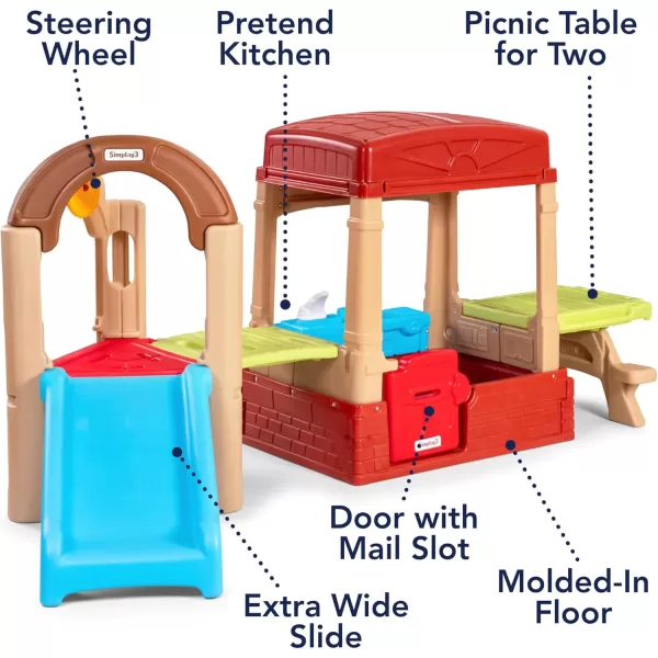 Simplay3 Sunny Slide and Climb Picnic Playhouse  Indoor or Outdoor Backyard Playset for Kids with Kitchen Picnic Table Toddler Slide Working Door Kids Ages 18 Months to 6 Years