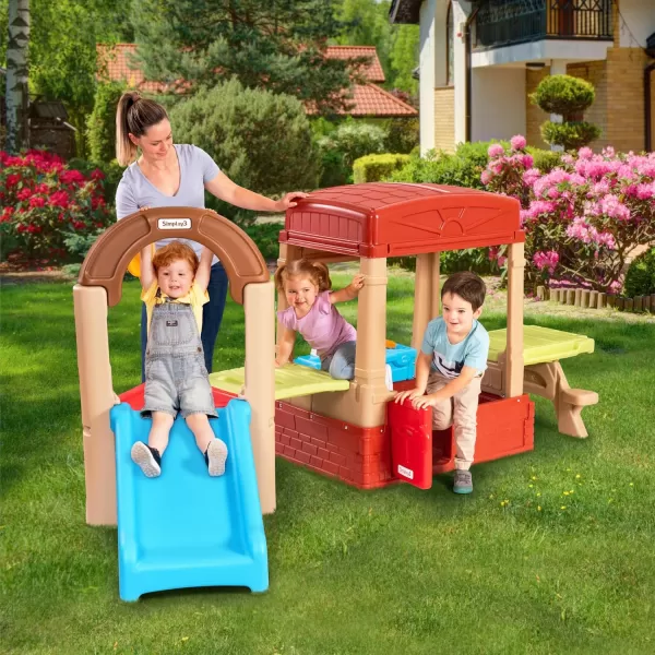 Simplay3 Sunny Slide and Climb Picnic Playhouse  Indoor or Outdoor Backyard Playset for Kids with Kitchen Picnic Table Toddler Slide Working Door Kids Ages 18 Months to 6 Years