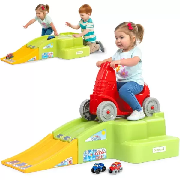 Simplay3 Deluxe Race and Ride Kids Downhill Roller Coaster and Racetrack with Cars IndoorOutdoor Rideon Toy includes Two Toy Race Cars and Amusement Park Decals Ages 25 Years Made in The USAMulticolor