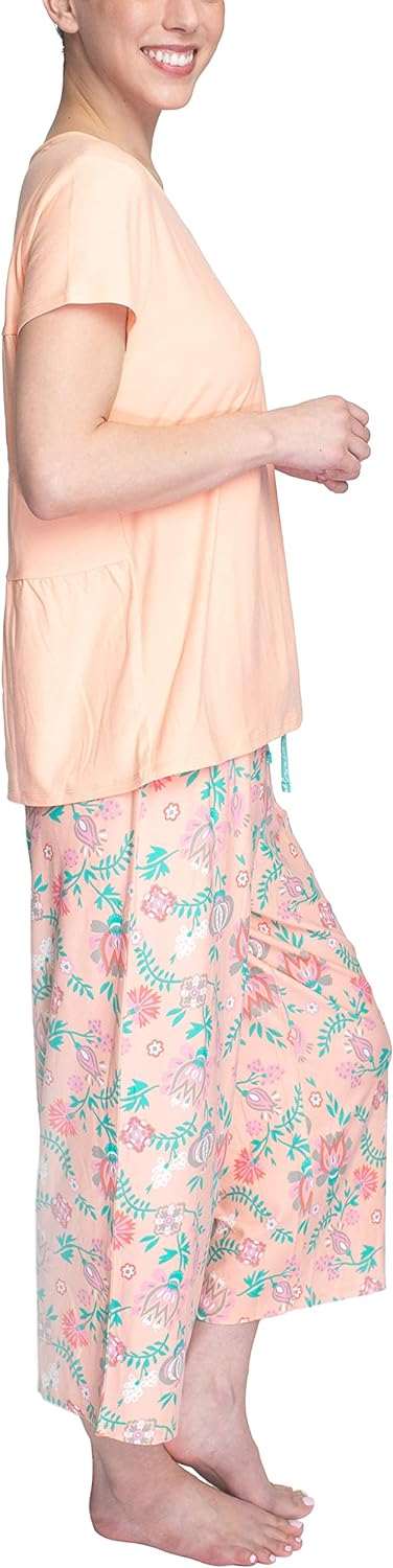 MUK LUKS Womens Feel Good Happy Cloud Knit Short Sleeve 22 Capri Pant Sleep Set Multiple Colors Multiple SizesPeachFloral