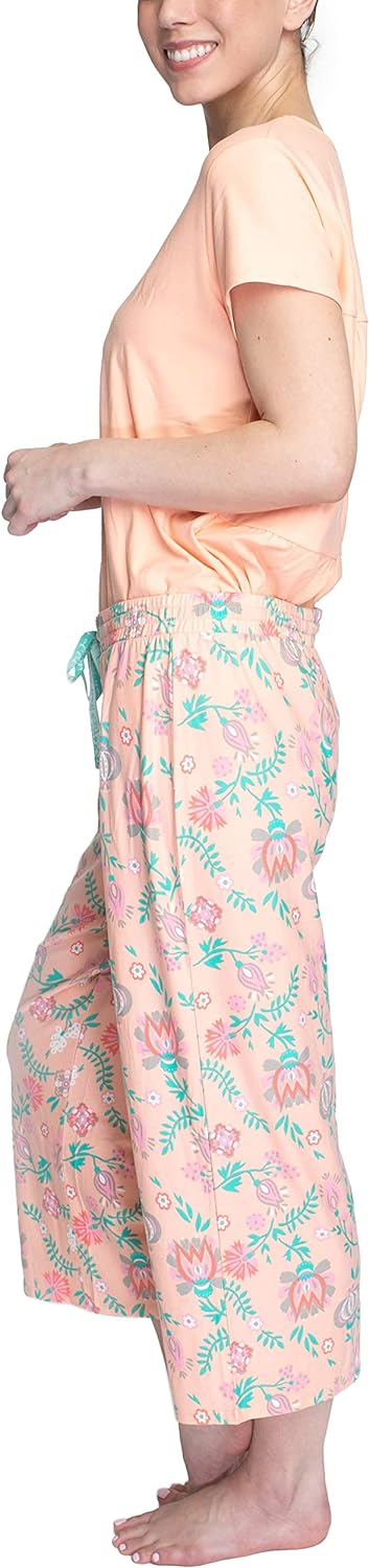 MUK LUKS Womens Feel Good Happy Cloud Knit Short Sleeve 22 Capri Pant Sleep Set Multiple Colors Multiple SizesPeachFloral