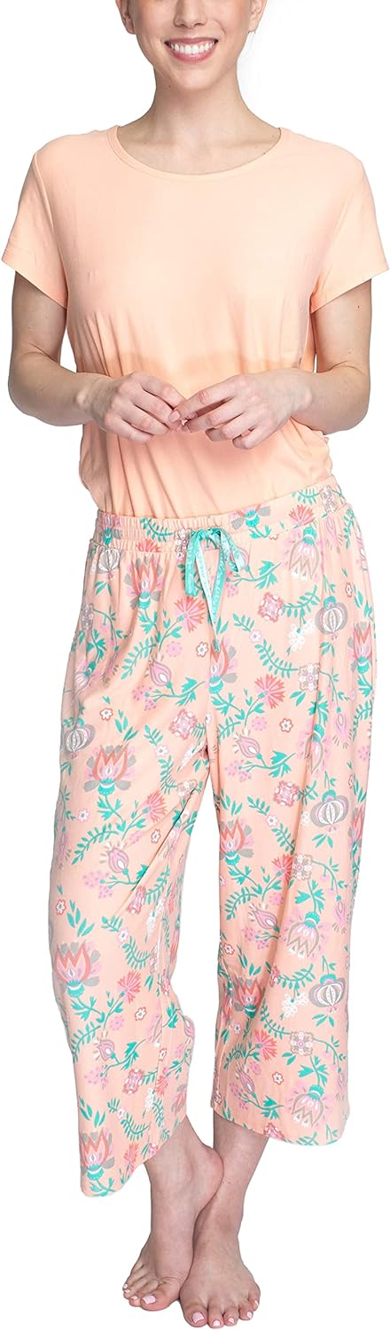 MUK LUKS Womens Feel Good Happy Cloud Knit Short Sleeve 22 Capri Pant Sleep Set Multiple Colors Multiple SizesPeachFloral
