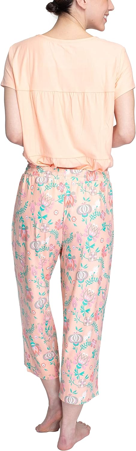 MUK LUKS Womens Feel Good Happy Cloud Knit Short Sleeve 22 Capri Pant Sleep Set Multiple Colors Multiple SizesPeachFloral