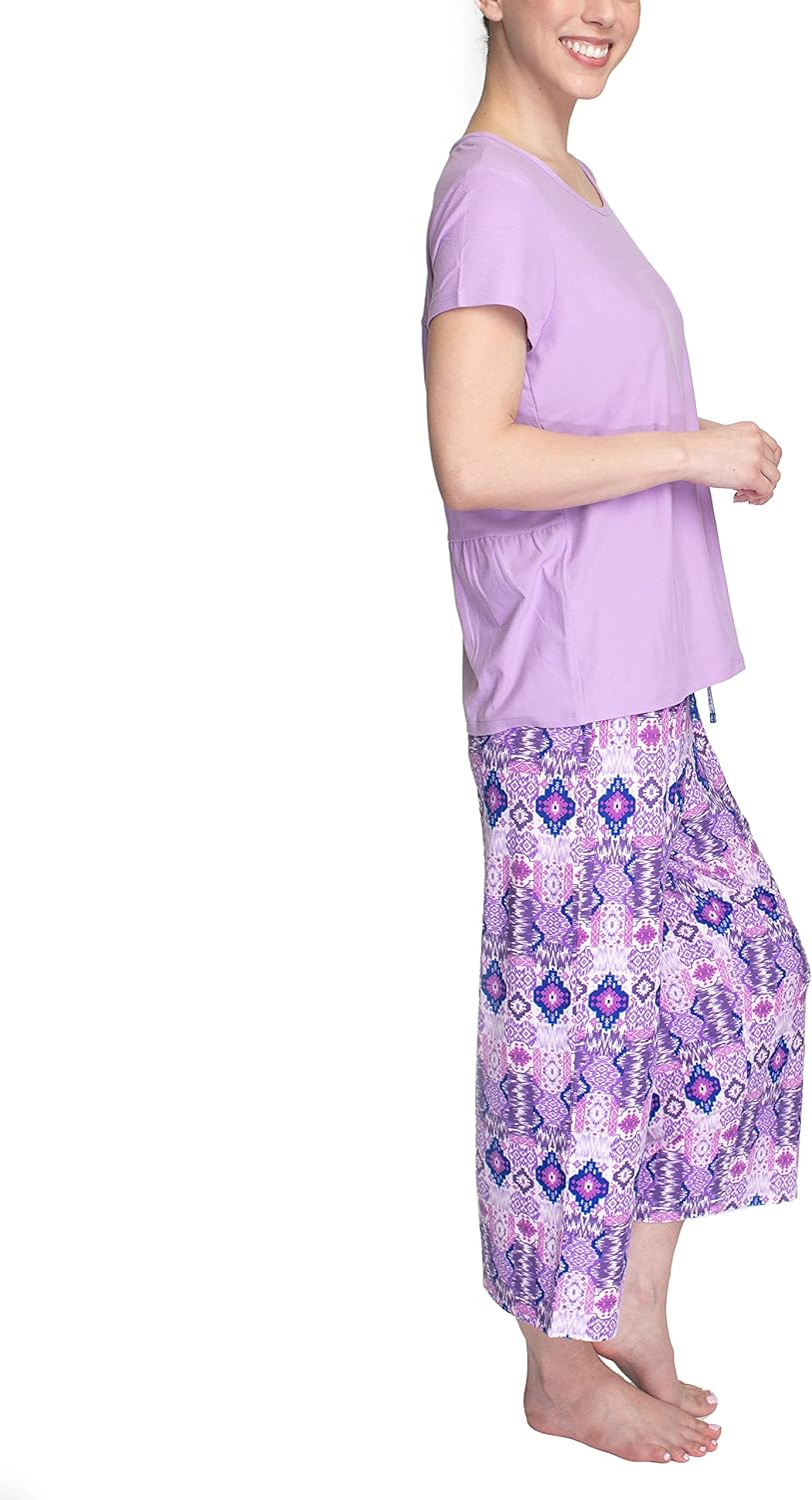 MUK LUKS Womens Feel Good Happy Cloud Knit Short Sleeve 22 Capri Pant Sleep Set Multiple Colors Multiple SizesPurplePatchwork Ikat