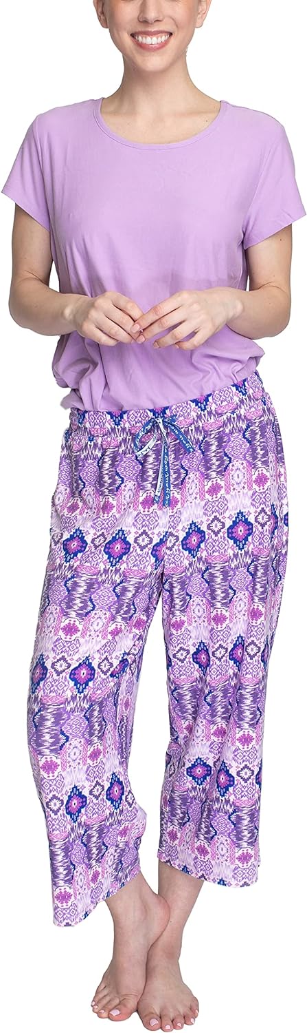 MUK LUKS Womens Feel Good Happy Cloud Knit Short Sleeve 22 Capri Pant Sleep Set Multiple Colors Multiple SizesPurplePatchwork Ikat