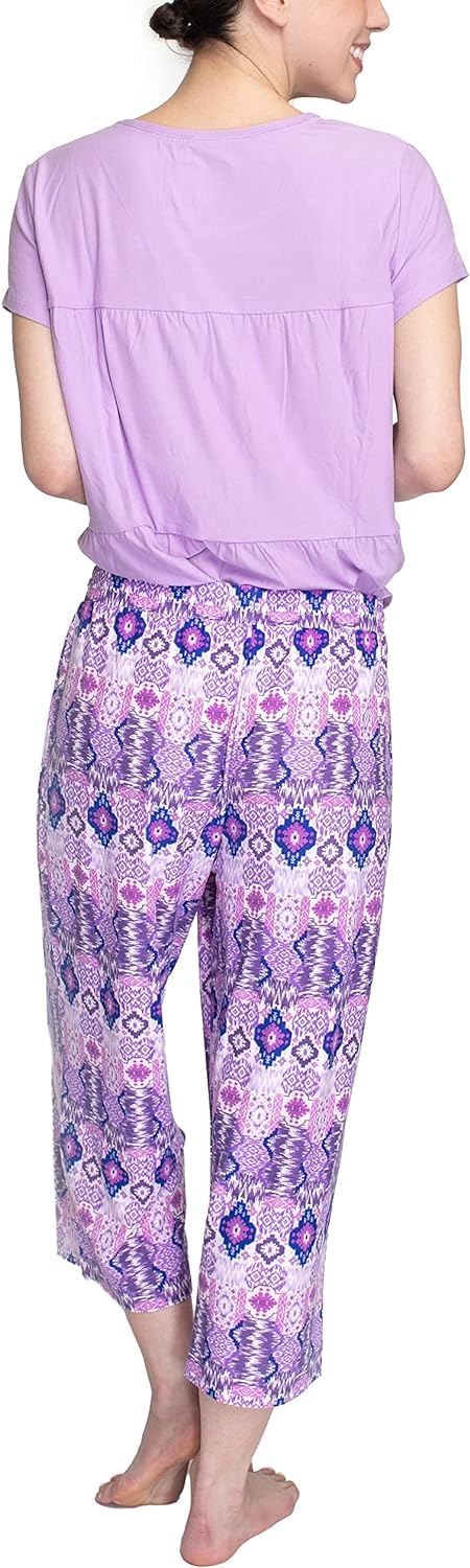 MUK LUKS Womens Feel Good Happy Cloud Knit Short Sleeve 22 Capri Pant Sleep Set Multiple Colors Multiple SizesPurplePatchwork Ikat