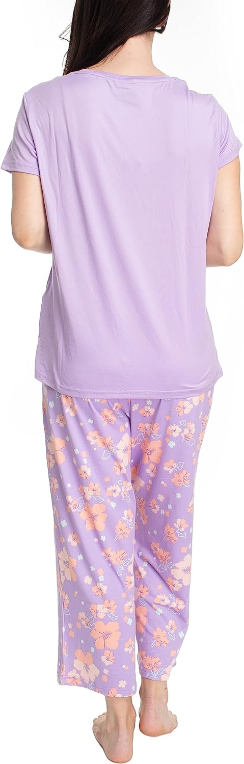 MUK LUKS Womens Feel Good Happy Cloud Knit Short Sleeve 22 Capri Pant Sleep Set Multiple Colors Multiple SizesPurpleRegency Floral