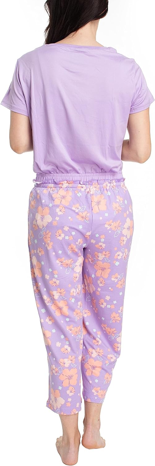 MUK LUKS Womens Feel Good Happy Cloud Knit Short Sleeve 22 Capri Pant Sleep Set Multiple Colors Multiple SizesPurpleRegency Floral