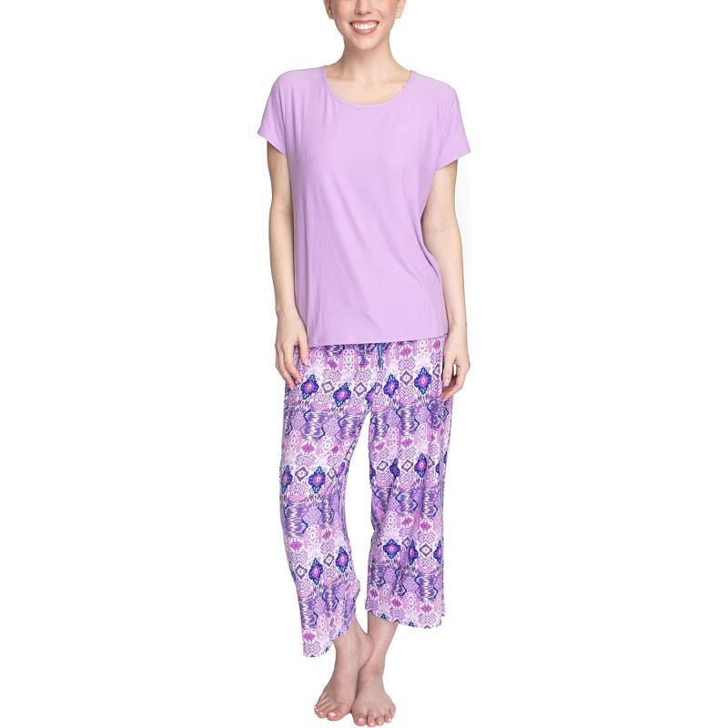 MUK LUKS Womens Feel Good Happy Cloud Knit Short Sleeve 22 Capri Pant Sleep Set Multiple Colors Multiple SizesPurplePatchwork Ikat