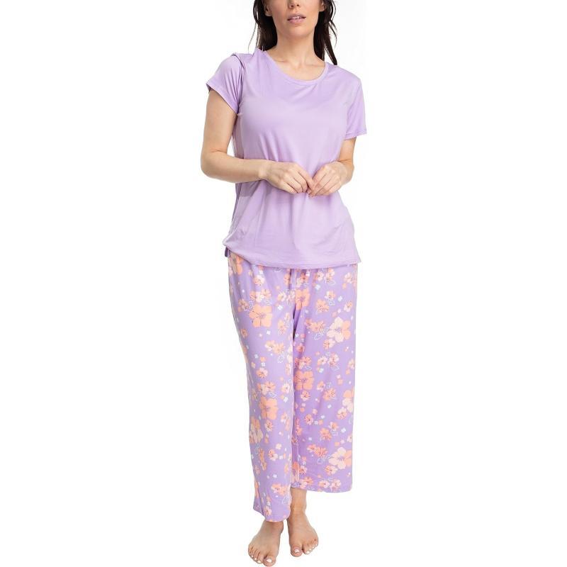 MUK LUKS Womens Feel Good Happy Cloud Knit Short Sleeve 22 Capri Pant Sleep Set Multiple Colors Multiple SizesPurpleRegency Floral