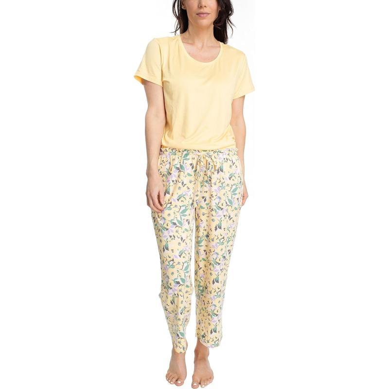 MUK LUKS Womens Feel Good Happy Cloud Knit Short Sleeve 22 Capri Pant Sleep Set Multiple Colors Multiple SizesYellowHappy Floral