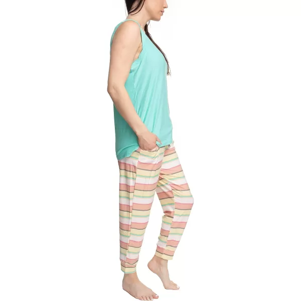 MUK LUKS Sleeveless Tank Top and Jogger Sleep Set with Pockets Sleepwear Lounge SetAquaMultistripe