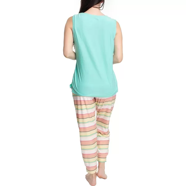 MUK LUKS Sleeveless Tank Top and Jogger Sleep Set with Pockets Sleepwear Lounge SetAquaMultistripe