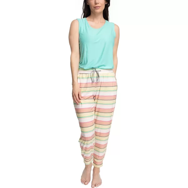 MUK LUKS Sleeveless Tank Top and Jogger Sleep Set with Pockets Sleepwear Lounge SetAquaMultistripe