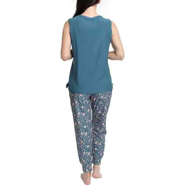 MUK LUKS Sleeveless Tank Top and Jogger Sleep Set with Pockets Sleepwear Lounge SetDenimTropical Floral