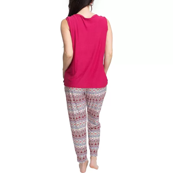 MUK LUKS Sleeveless Tank Top and Jogger Sleep Set with Pockets Sleepwear Lounge SetRaspberryIkat