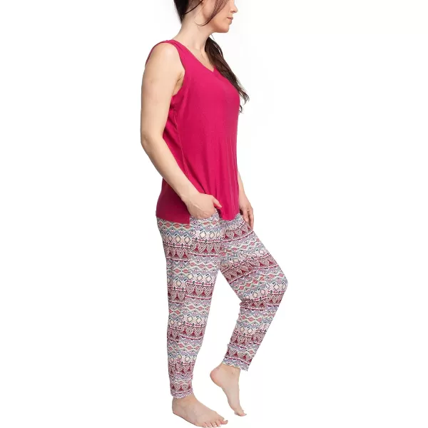 MUK LUKS Sleeveless Tank Top and Jogger Sleep Set with Pockets Sleepwear Lounge SetRaspberryIkat