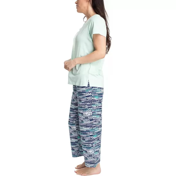 MUK LUKS Womens Feel Good Happy Cloud Knit Short Sleeve 22 Capri Pant Sleep Set Multiple Colors Multiple SizesMintDotted Stripe