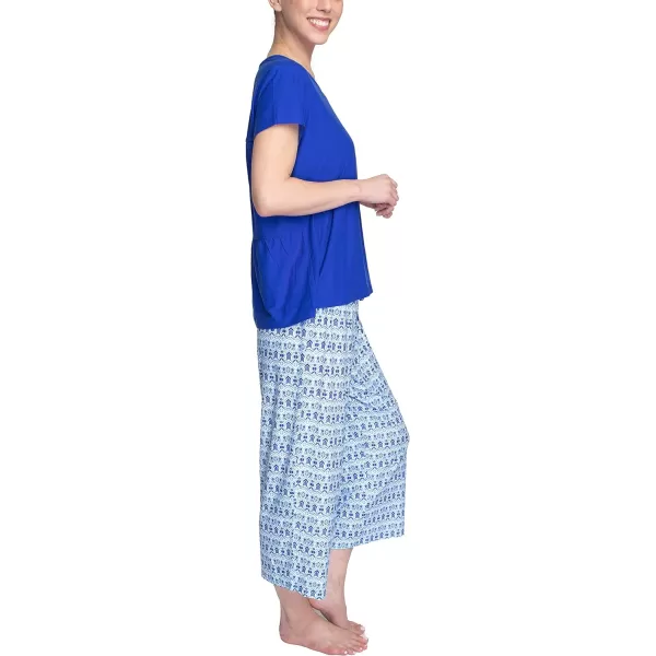 MUK LUKS Womens Feel Good Happy Cloud Knit Short Sleeve 22 Capri Pant Sleep Set Multiple Colors Multiple SizesOcean BlueMoody Ikat