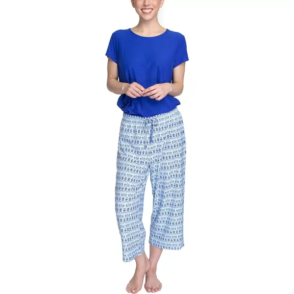 MUK LUKS Womens Feel Good Happy Cloud Knit Short Sleeve 22 Capri Pant Sleep Set Multiple Colors Multiple SizesOcean BlueMoody Ikat