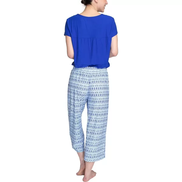 MUK LUKS Womens Feel Good Happy Cloud Knit Short Sleeve 22 Capri Pant Sleep Set Multiple Colors Multiple SizesOcean BlueMoody Ikat