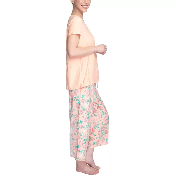 MUK LUKS Womens Feel Good Happy Cloud Knit Short Sleeve 22 Capri Pant Sleep Set Multiple Colors Multiple SizesPeachFloral