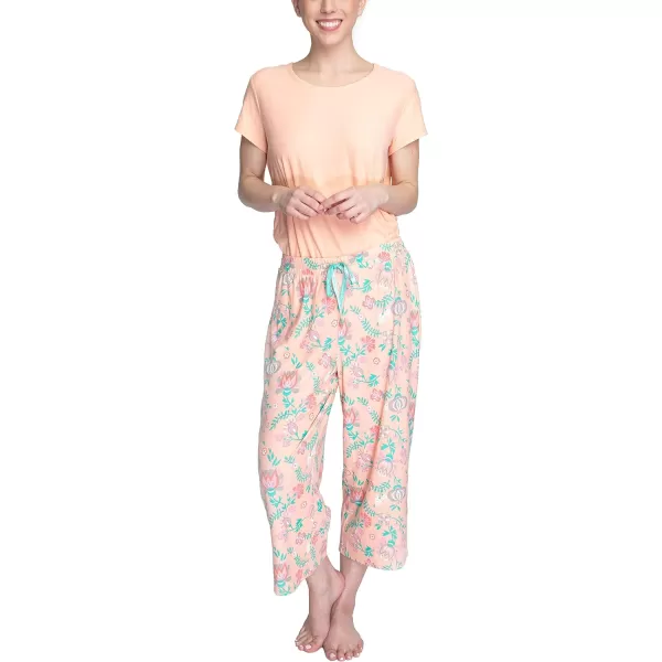MUK LUKS Womens Feel Good Happy Cloud Knit Short Sleeve 22 Capri Pant Sleep Set Multiple Colors Multiple SizesPeachFloral