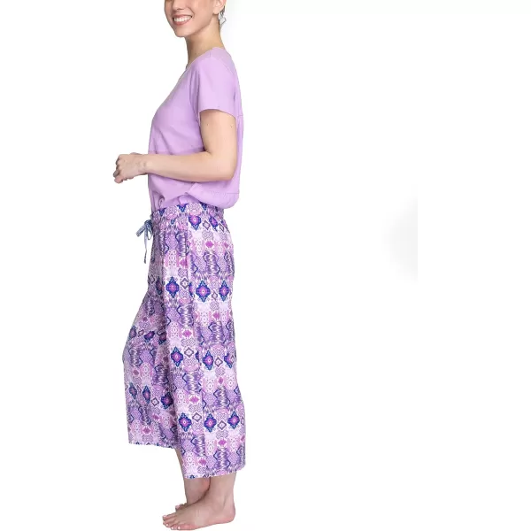 MUK LUKS Womens Feel Good Happy Cloud Knit Short Sleeve 22 Capri Pant Sleep Set Multiple Colors Multiple SizesPurplePatchwork Ikat