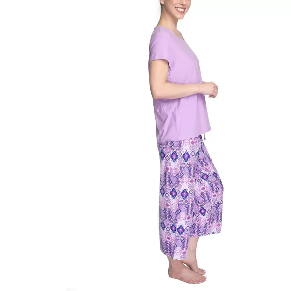 MUK LUKS Womens Feel Good Happy Cloud Knit Short Sleeve 22 Capri Pant Sleep Set Multiple Colors Multiple SizesPurplePatchwork Ikat