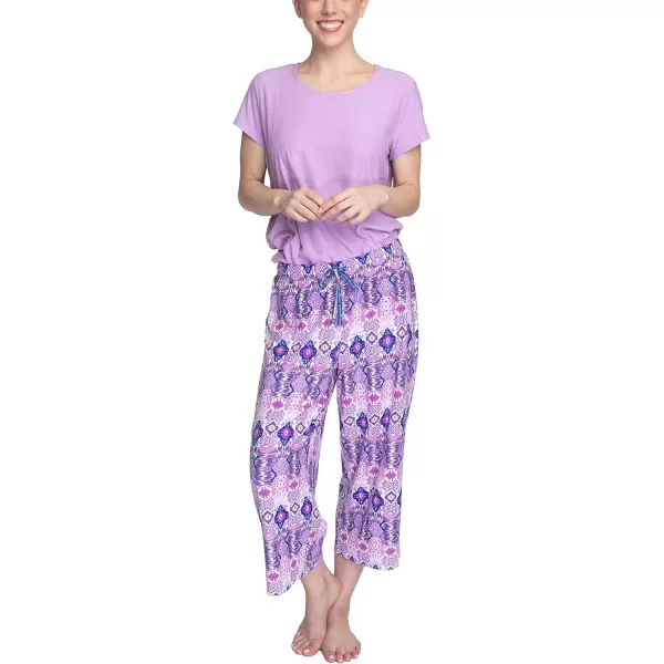 MUK LUKS Womens Feel Good Happy Cloud Knit Short Sleeve 22 Capri Pant Sleep Set Multiple Colors Multiple SizesPurplePatchwork Ikat