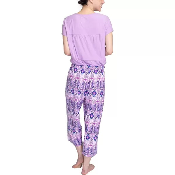 MUK LUKS Womens Feel Good Happy Cloud Knit Short Sleeve 22 Capri Pant Sleep Set Multiple Colors Multiple SizesPurplePatchwork Ikat