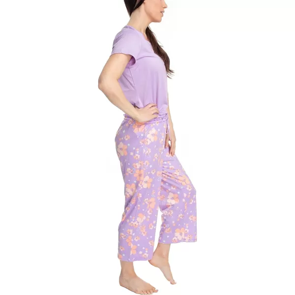 MUK LUKS Womens Feel Good Happy Cloud Knit Short Sleeve 22 Capri Pant Sleep Set Multiple Colors Multiple SizesPurpleRegency Floral