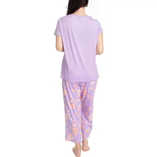 MUK LUKS Womens Feel Good Happy Cloud Knit Short Sleeve 22 Capri Pant Sleep Set Multiple Colors Multiple SizesPurpleRegency Floral