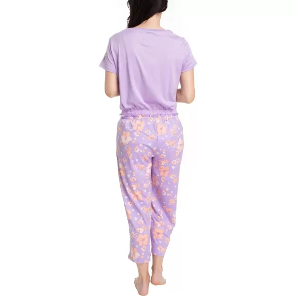 MUK LUKS Womens Feel Good Happy Cloud Knit Short Sleeve 22 Capri Pant Sleep Set Multiple Colors Multiple SizesPurpleRegency Floral