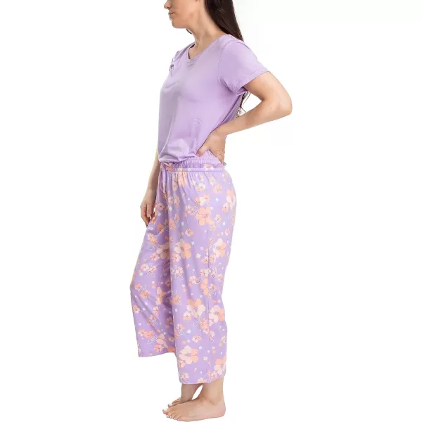 MUK LUKS Womens Feel Good Happy Cloud Knit Short Sleeve 22 Capri Pant Sleep Set Multiple Colors Multiple SizesPurpleRegency Floral