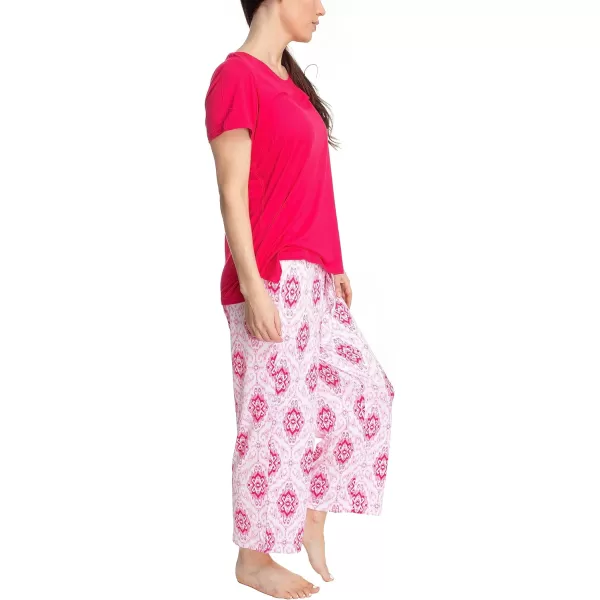 MUK LUKS Womens Feel Good Happy Cloud Knit Short Sleeve 22 Capri Pant Sleep Set Multiple Colors Multiple SizesRedSweet Ikat